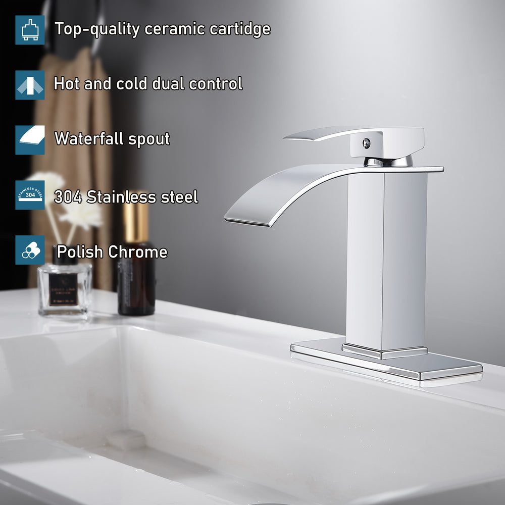 
                  
                    Midanya Bathroom Sink Faucet Waterfall Spout Single Handle 1 Hole Deck Mount Mixer Tap Lavatory Vanity Sink Faucet Commercial with Deck Plate and Pop Up Drain
                  
                