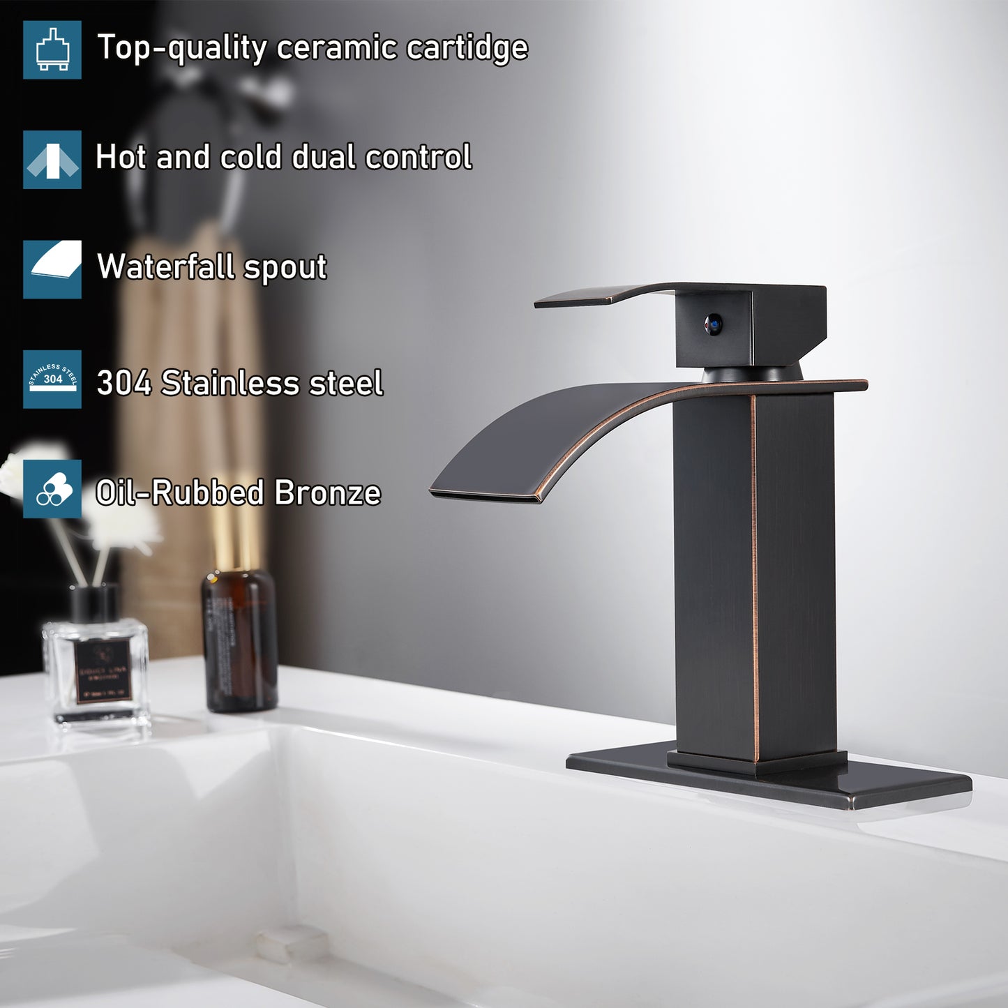 
                  
                    Midanya Bathroom Sink Faucet Waterfall Spout Single Handle 1 Hole Deck Mount Mixer Tap Lavatory Vanity Sink Faucet Commercial with Deck Plate and Pop Up Drain
                  
                